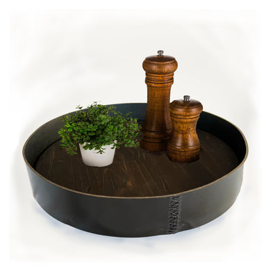 Deep Leather Rustic Serving Tray with Lazy Susan Base, 18